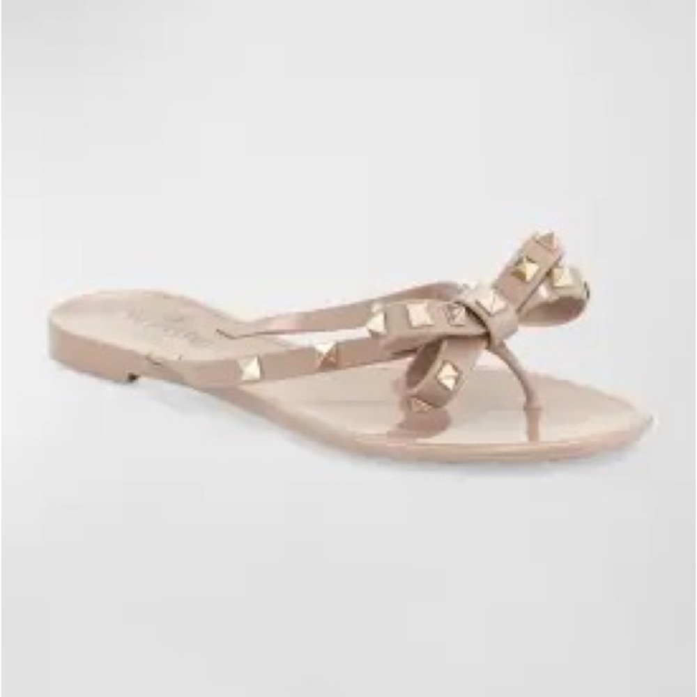 Valentino Garavani Rockstud PVC Flat Thong Sandals- Nude, Size 8 (38)